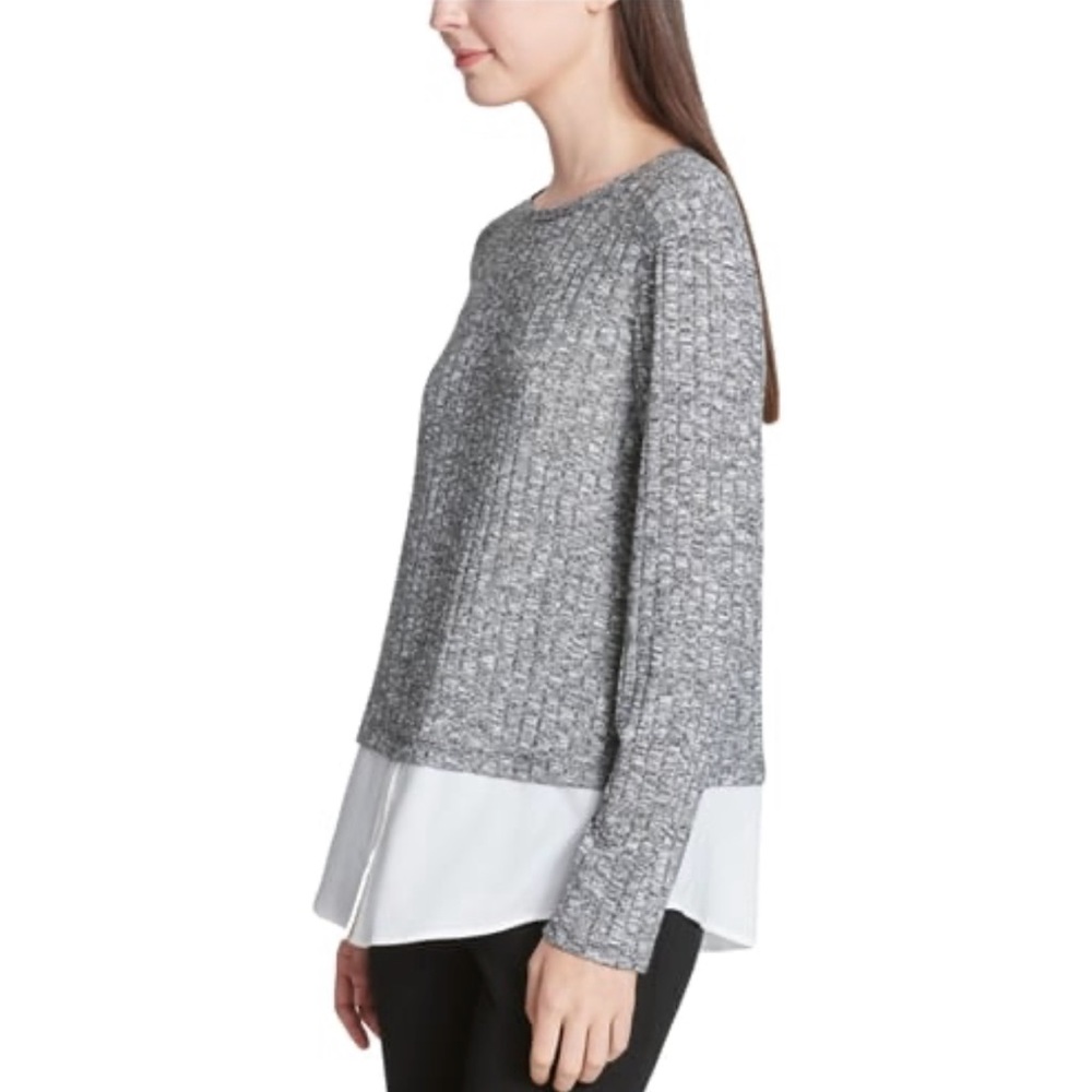 Calvin Klein Heather Gray and White Shirttail Hem Layered Look Sweater Large